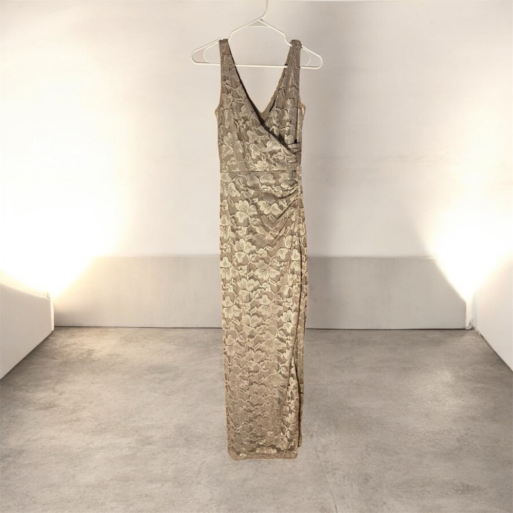 Lauren Ralph Lauren Holiday Evening Metallic Gold Lace Sleeveless Maxi Dress